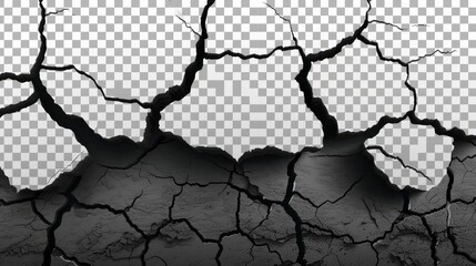 Vector illustration showing ground cracks from an earthquake, isolated on a transparent background. The cracks, fissures, and fractures are depicted from a top view perspective - obrazy, fototapety, plakaty