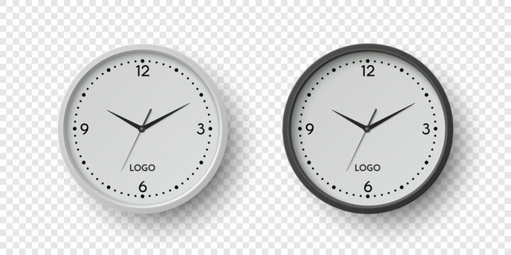 Vector 3d Realistic Round Wall Office Clock Set. White and Black Dial Closeup Isolated. Design Template, Mock-up for Branding, Advertise. Simple Minimalistic Wall Clocks in Front View