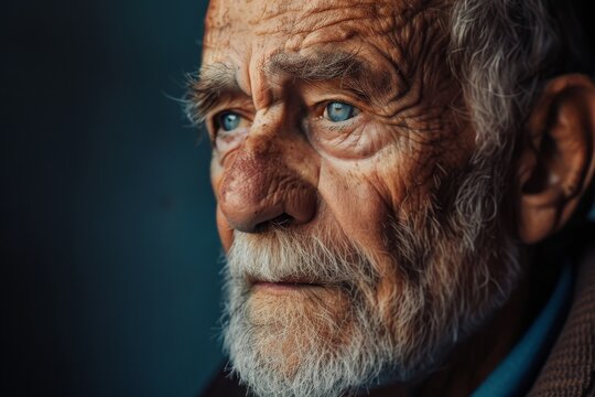 An aged man's weathered face is adorned with deep wrinkles, a bushy beard, and a stern frown, capturing the beauty and wisdom of a life well-lived