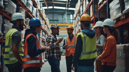 A bunch of construction workers wearing hard hats and high-visibility clothing discuss work in a warehouse. AIG41