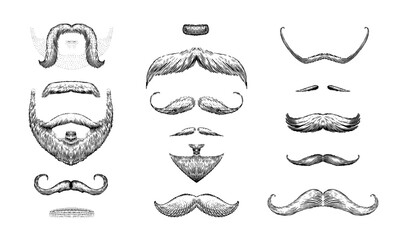 A set of moustache and beards on a white background. Hipster and retro barber or hairdresser. Engraved hand drawn in old sketch, vintage style for packaging and signage.