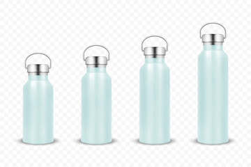 Vector Realistic 3d Blue Color Metal or Plastic Blank Glossy Reusable Water Bottle Set with Silver Bung Closeup Isolated on White Background. Design Template of Packaging Mockup. Front View