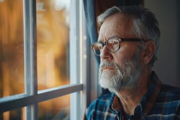 A man gazes out of a window, his wrinkled face framed by glasses and a beard, lost in thought as he reflects on his vision and the passage of time - obrazy, fototapety, plakaty
