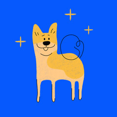 Minimalistic illustration of a dachshund dog with a bone in a cartoon style. Doodle style drawing on a blue background. Drawing of a happy dog in a standing pose. Colorful poster for design and print.