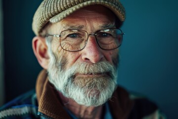 A wise and distinguished man with a beard and glasses gazes confidently at the camera, his face adorned with wrinkles and facial hair, wearing a hat and glasses that frame his thoughtful expression