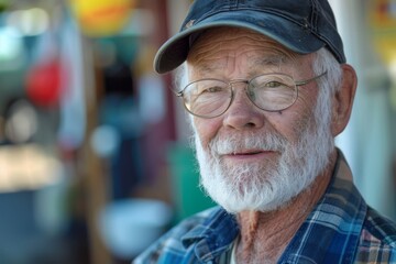 A smiling senior man with a fashionable beard and hat, wearing glasses, stands on the street showcasing his unique style and wrinkles