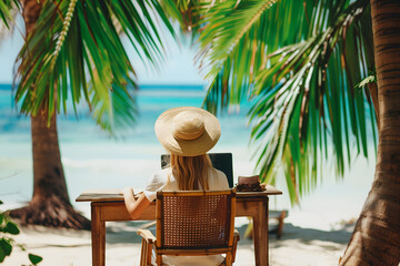 A young woman is working on a laptop at her desk on the beach in a tropical resort. The concept of remote work and nomadism