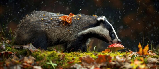 An adult badger is foraging for food in the rain on a wet Autumn night. The badger is captured facing right on green moss, munching on a red toadstool.