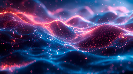 Dynamic red and blue particles flowing in digital waves