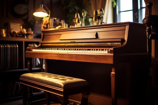 An upright piano with a wooden frame, vintage details