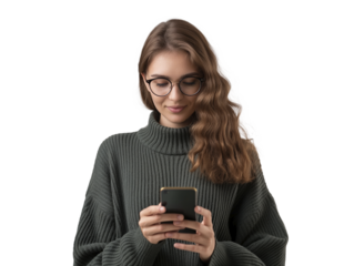 Mujer usando un smartphone sobre fondo blanco