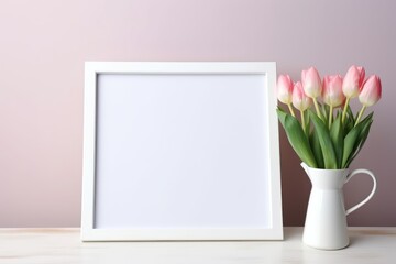 Spring Tulips with Blank Frame Mock-up. White picture frame beside pink tulips on a pastel backdrop.