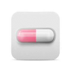 Vector Realistic Pharmaceutical Medical Pink Pill, Vitamins, Capsule in Blister Closeup Isolated. Pill in Blister Packaging Design Template. Front View. Medicine, Health Concept