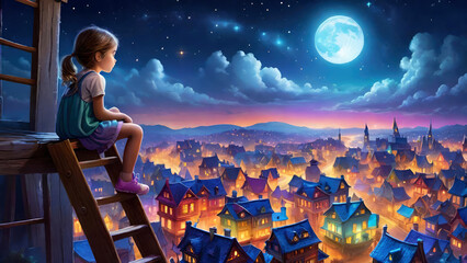 Little girl on the roof looking at a magical moonlit mountain village.Сhildhood,children's imagination, fantasy,fairy tale concept. Generative AI - obrazy, fototapety, plakaty