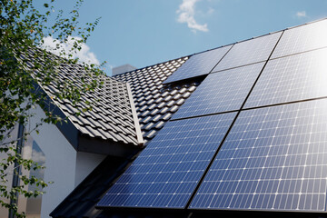 Solar panels on roof house, 3D illustration	
