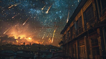 A meteorite shower raining down over buildings