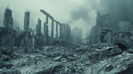 A 3D-rendered illustration depicting the ruins of a city, creating an apocalyptic landscape concept - obrazy, fototapety, plakaty