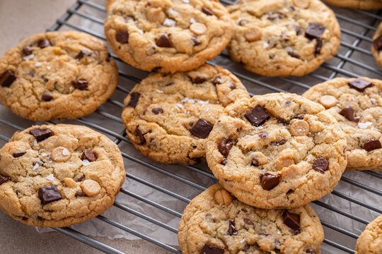 Chocolate chip cookies with chocolate chunks and caramel chips