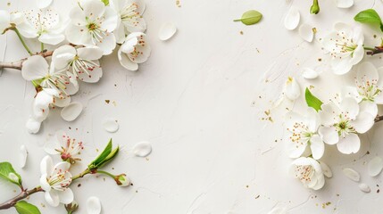 A spring border background adorned with white blossoms - obrazy, fototapety, plakaty