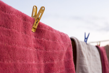 Hanging clothes on terrace at sunset in sunny day 