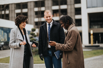 Three young, diverse business professionals are engaging with technology and each other outside a modern office building.