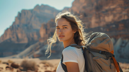 A young woman is hiking in the desert with a mountain backdrop. The woman wearing a backpack, She wearing hiking boots, The woman in the foreground with the desert in the background.