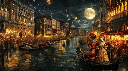A grand Venetian carnival scene, elaborate masks and costumes, gondolas on the canal under moonlight. Resplendent. - obrazy, fototapety, plakaty