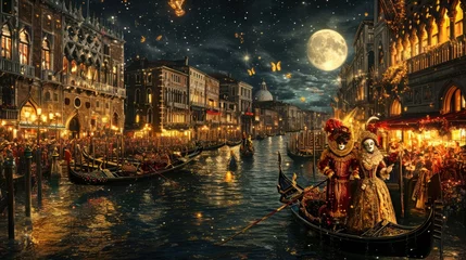 Tuinposter A grand Venetian carnival scene, elaborate masks and costumes, gondolas on the canal under moonlight. Resplendent. © Summit Art Creations