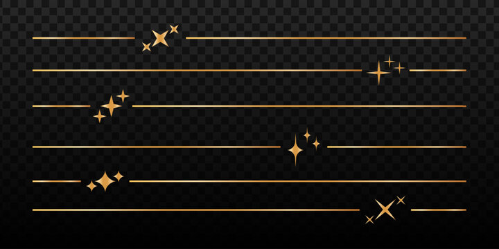 Set of golden page dividers isolated on dark background. Separate lines with star symbols. Cosmic, celestial, magic, mystic decorative elements. Elegant modern ornament. Vector illustration.
