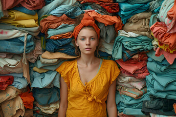 A young girl is overwhelmed with a pile of clothes. Overconsumption problem concept
