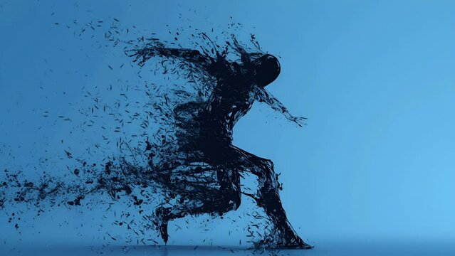 Illustration of a human being formed from grains dissipating energy power, jumping pose; is perfect for background projects; sports, fitness, energy, 4k virtual video animation.
