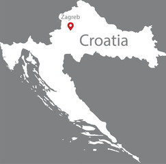 White Map of Croatia with location marker of the capital and inscription of the name of the country and the capital inside map on gray background