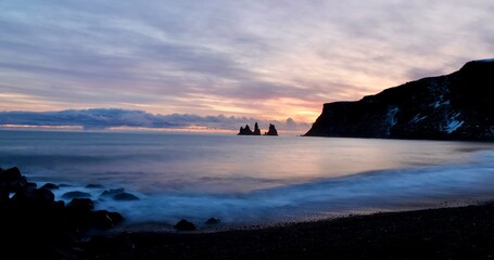 Sunset Over the Black Sand Beaches of Vik, Southern Iceland 