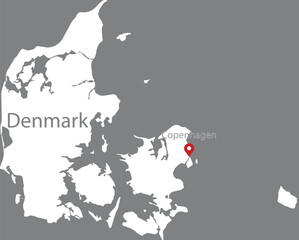 White Map of Denmark with location marker of the capital and inscription of the name of the country and the capital inside map on gray background