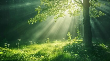 Sunlight filtering through the lush green forest during springtime
