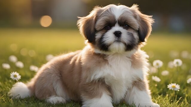 Shih Tzu puppy seating on green grass