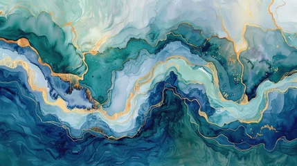 Fotobehang Watercolor Mastery in Abstract Design: Detailed Aerial Perspective of River Deltas with Deep Blue and Green Hues Crossed by Fine Gold Lines, Evoking Earth's Topographical Beauty © TETIANA