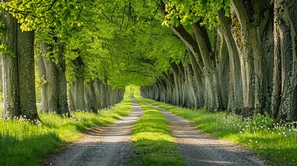 Lime tree avenue resembling a tunnel in spring, with fresh green foliage, located in the park of Hundisburg Castle, Germany, Europe - obrazy, fototapety, plakaty