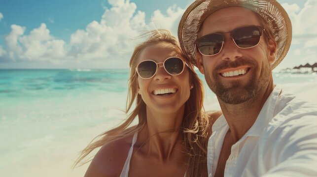 Romantic young couple enjoying summer vacation. Cheerful husband and beautiful wife during honeymoon spending time together at the beach. Happy smiling people. Real lifestyle.