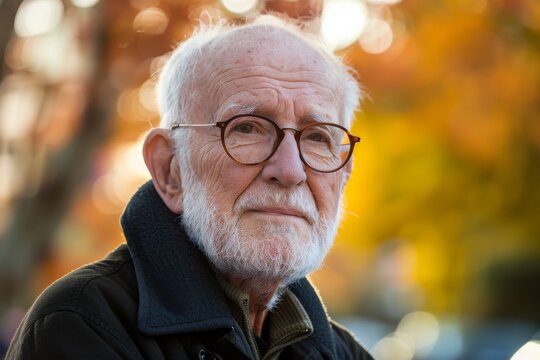 A wise senior citizen, with glasses perched upon his wrinkled face and a beard framing his chin, stands outdoors on an autumn street, a portrait of human experience and knowledge
