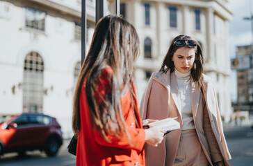 Two businesswomen engaged in a serious discussion while standing in an urban setting, showcasing professional teamwork and collaboration.