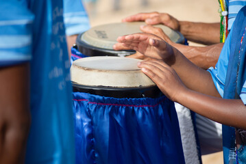 Hands playing atabaque. musical rhythm. African music.