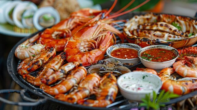 BBQ table seafood party with grilled shrimp squid, crab and thailand dipping sauce. Delicious Grilled barberque seafood Table outdoor party home garden ready to eat
