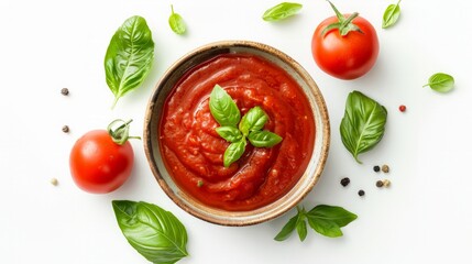 Bowl of ketchup or tomato sauce isolated on white background, top view
