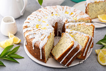 Lemon poppy seed pound cake, whole bundt cake drizzled with icing