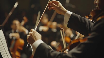 Conductor directing symphony orchestra with performers on background, hands close-up.