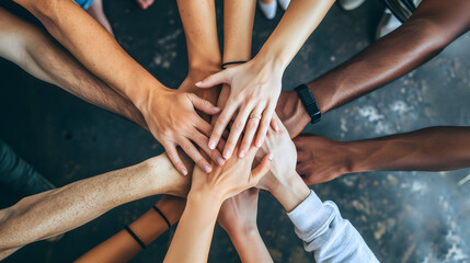 Diverse people form a circle, holding hands, hands piled symbolizing teamwork, team building, collaboration, unity and inclusion 