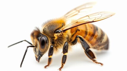 detail of bee or honeybee in Latin Apis Mellifera, european or western honey bee isolated on the white background,