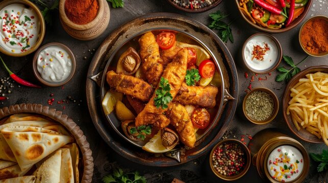 Fried Hamour finger fish with chips and dip served in dish isolated on food table top view of middle east spices