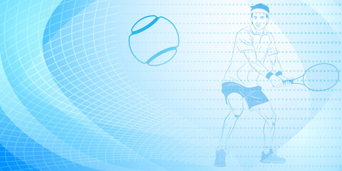 Tennis themed background in blue tones with abstract curves lines and dots, with a male tennis player in action, holding a racket to hit the ball away